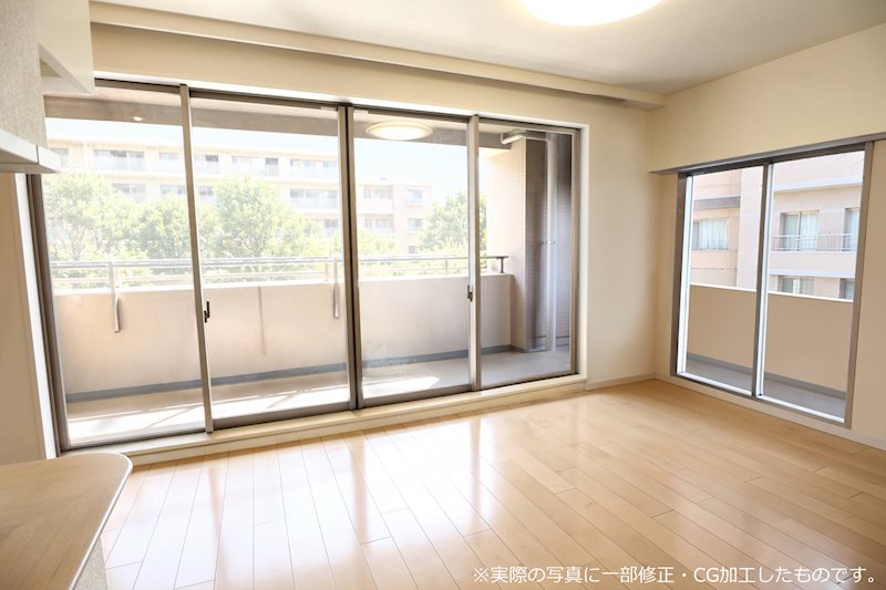 ＜リビングダイニング約14.8帖＞二面採光の明るいリビングダイニングです。※実際の写真に一部修正・・・・
