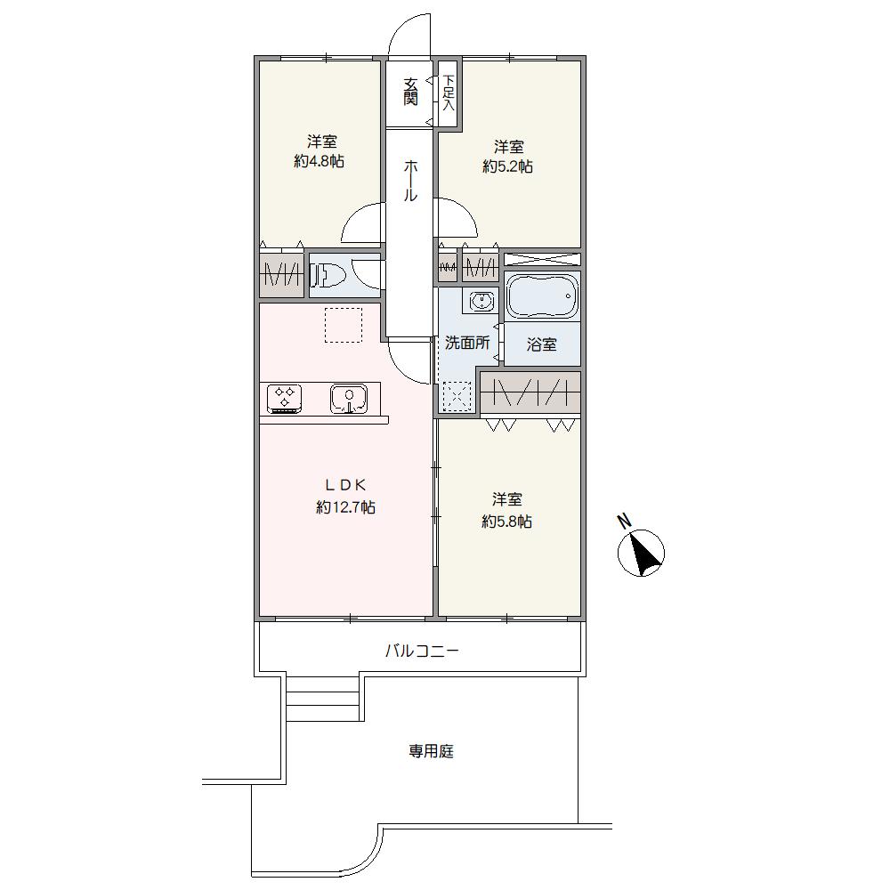 南西向きバルコニーと10㎡の専用庭が設けられた、3LDKの住まい。キッチンは家族との会話が弾む対面式です。各洋室にはクローゼットが備わっているので、居住スペースをすっきりと保てます。