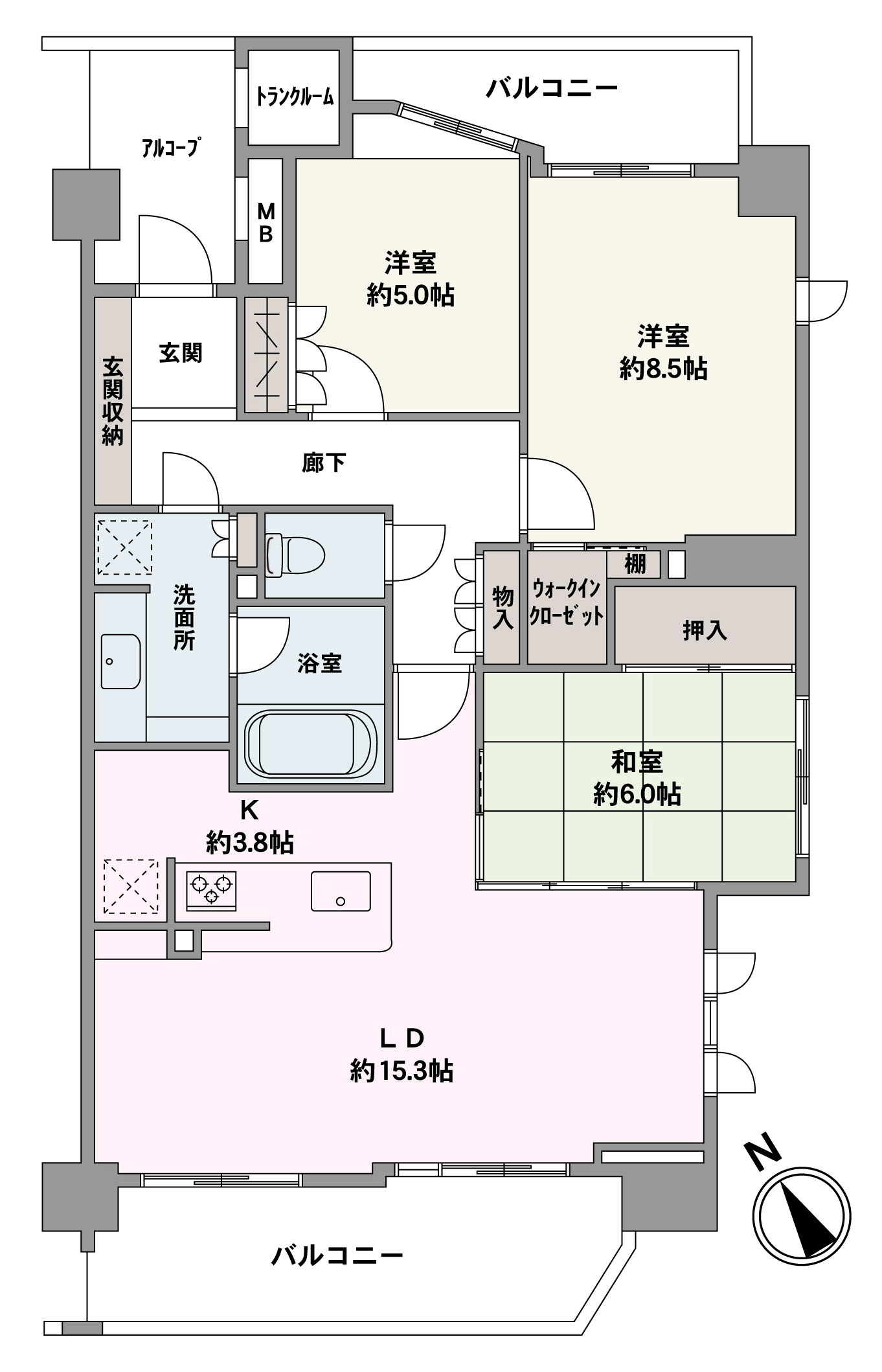WICや押入をはじめ、各所に収納スペースが確保された3LDK住戸。バルコニーが2ヶ所にあり、採光・通風に配慮された設計です。玄関からLDKが見えない間取りで、来客時も生活空間が見えにくく安心です。