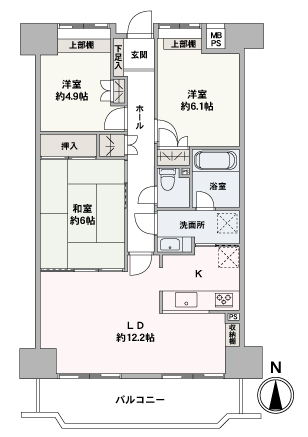 南向きバルコニーに面した明るい住まい。LDに和室が隣接しており、続き間としてご使用いただけます。キッチンから洗面室へ直接出入りすることができ、家事動線良好です。