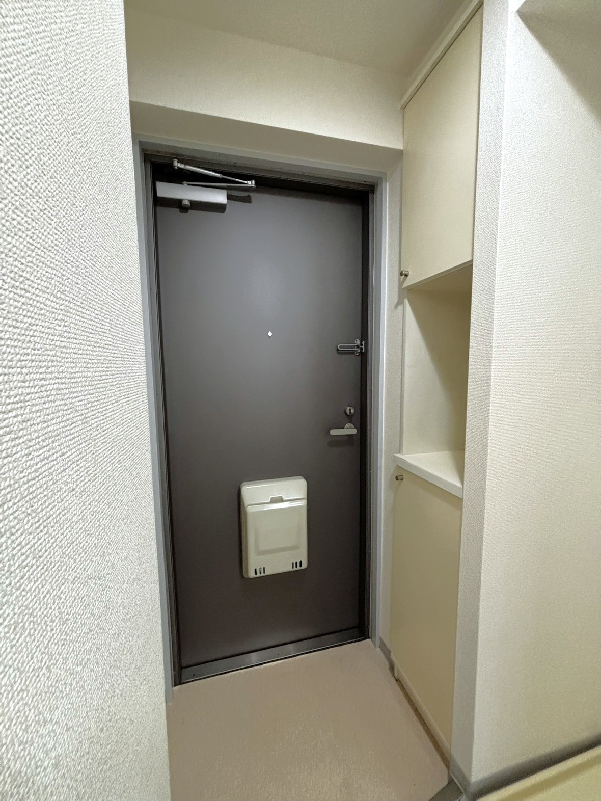 【玄関】上下セパレートのシューズボックスが設置されています。ホワイトカラーで、飽きの来ないシンプルなデザインです。