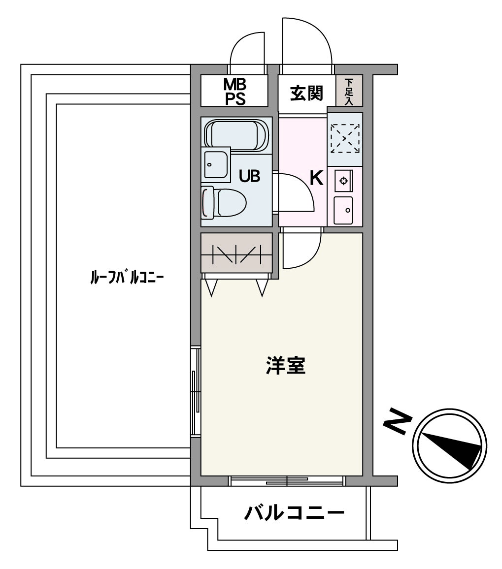 バルコニーとルーフバルコニーが備わった角部屋の1Kです。3点ユニットバスのため、水回り設備が1ヶ所にまとまり、お手入れの際も一度に済ませることができます。