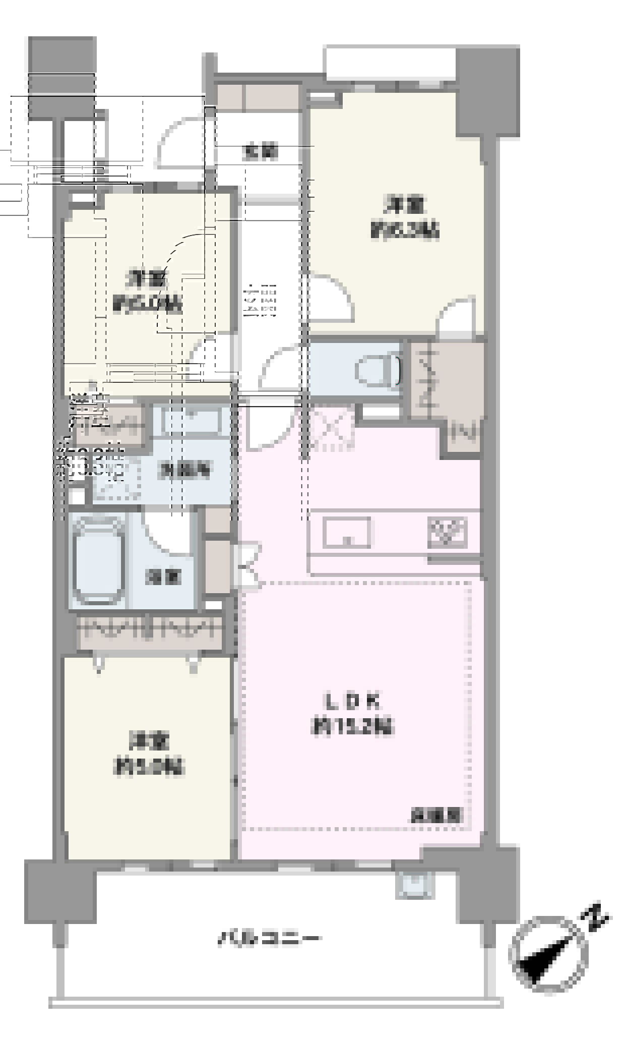 南東向きのバルコニーが備わった3LDK住戸です。WICをはじめ豊富な収納があり、住空間を広く使える間取りです。水回りが近く、効率的な家事動線が叶います。
