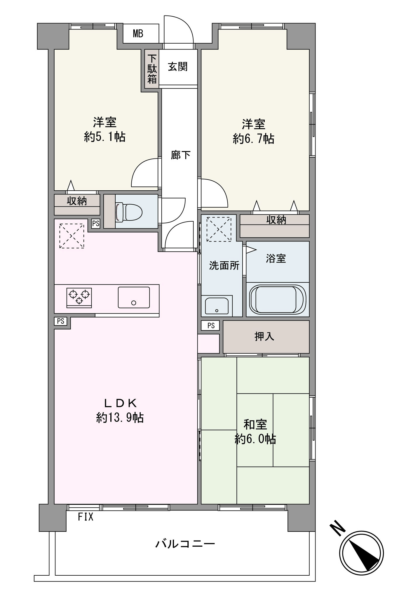 南西向きバルコニーが設置された3LDK住戸です。全洋室収納、押入、シューズボックスと随所に収納が備わり住空間を広く使えます。