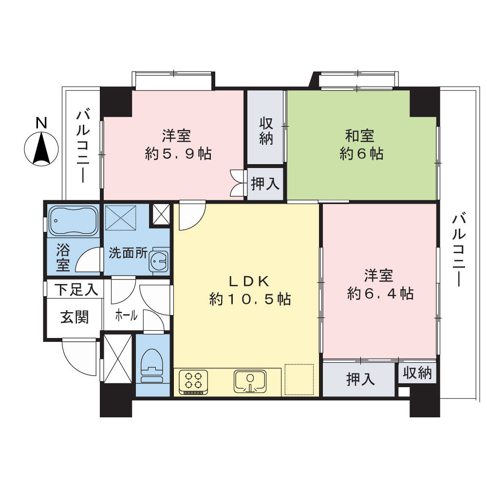 住戸のプライバシーも守られやすい角住戸3LDK。専有面積64.29m2になります。