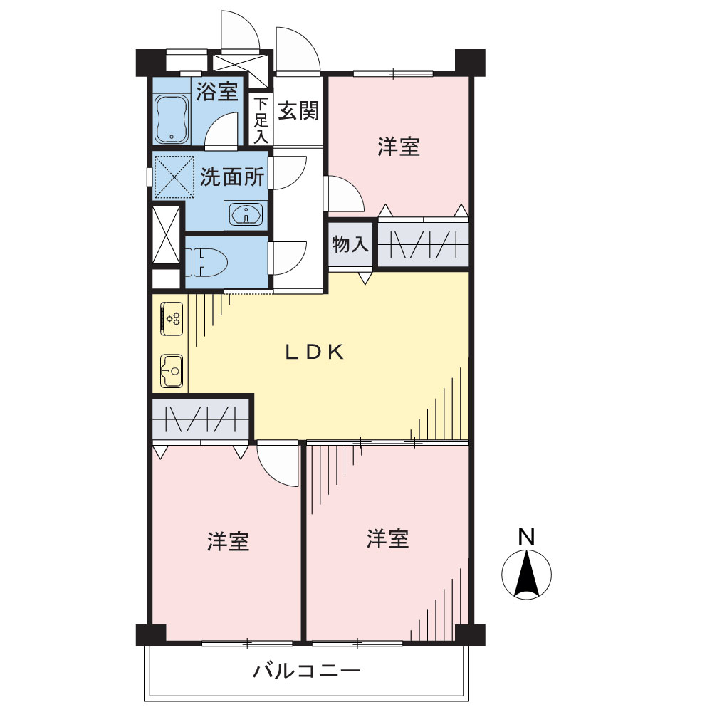 2024年8月室内リノベーション済3LDKです。洋室2室が南向きバルコニーに面し、引き戸の洋室を開放すれば陽光がLDKまで届きます。水回りが居住空間と分かれた間取りです。