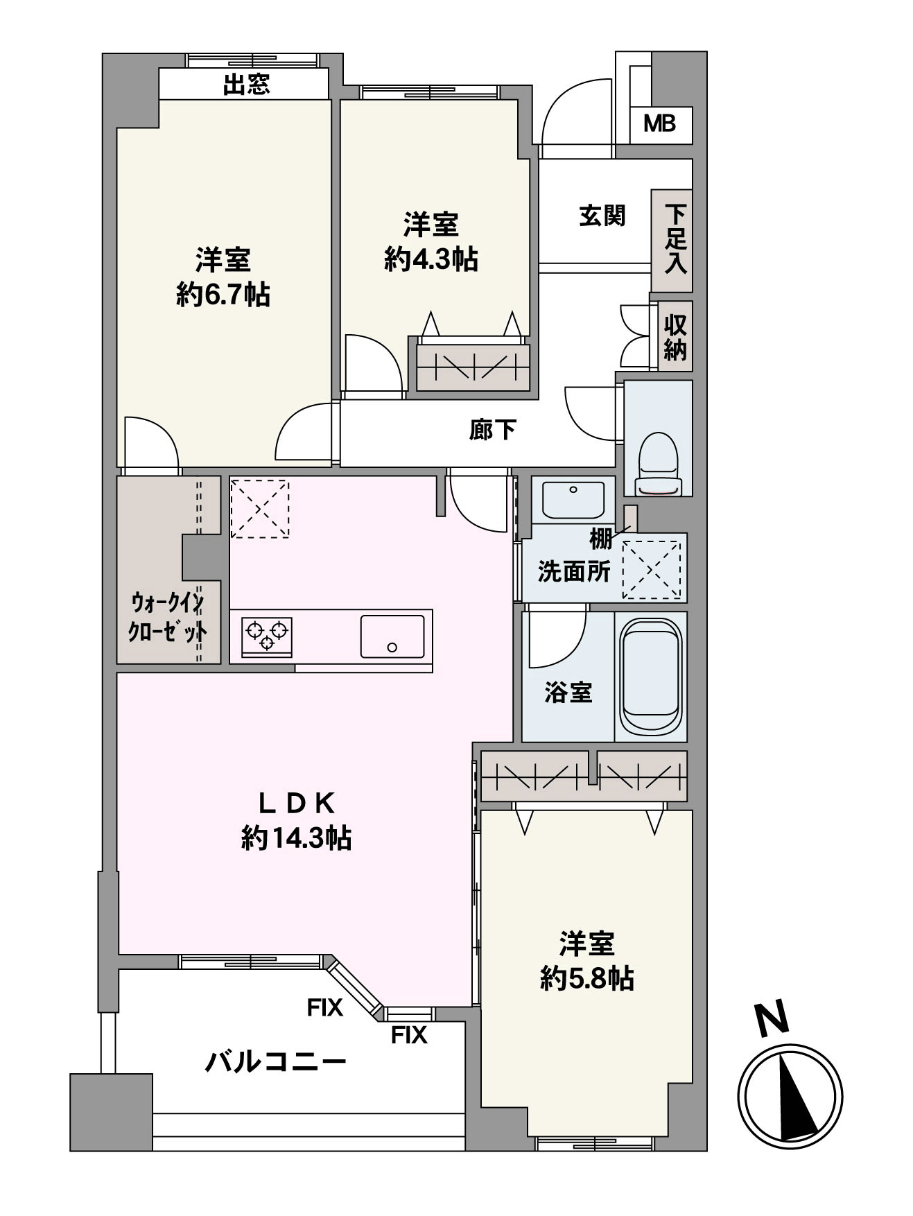 対面キッチンのため、調理中もご家族との会話が弾みます。キッチン・洗面室・浴室が集約されており、家事動線がスムーズです。WICやクローゼット、ホール収納などの収納スペースが備わっています。