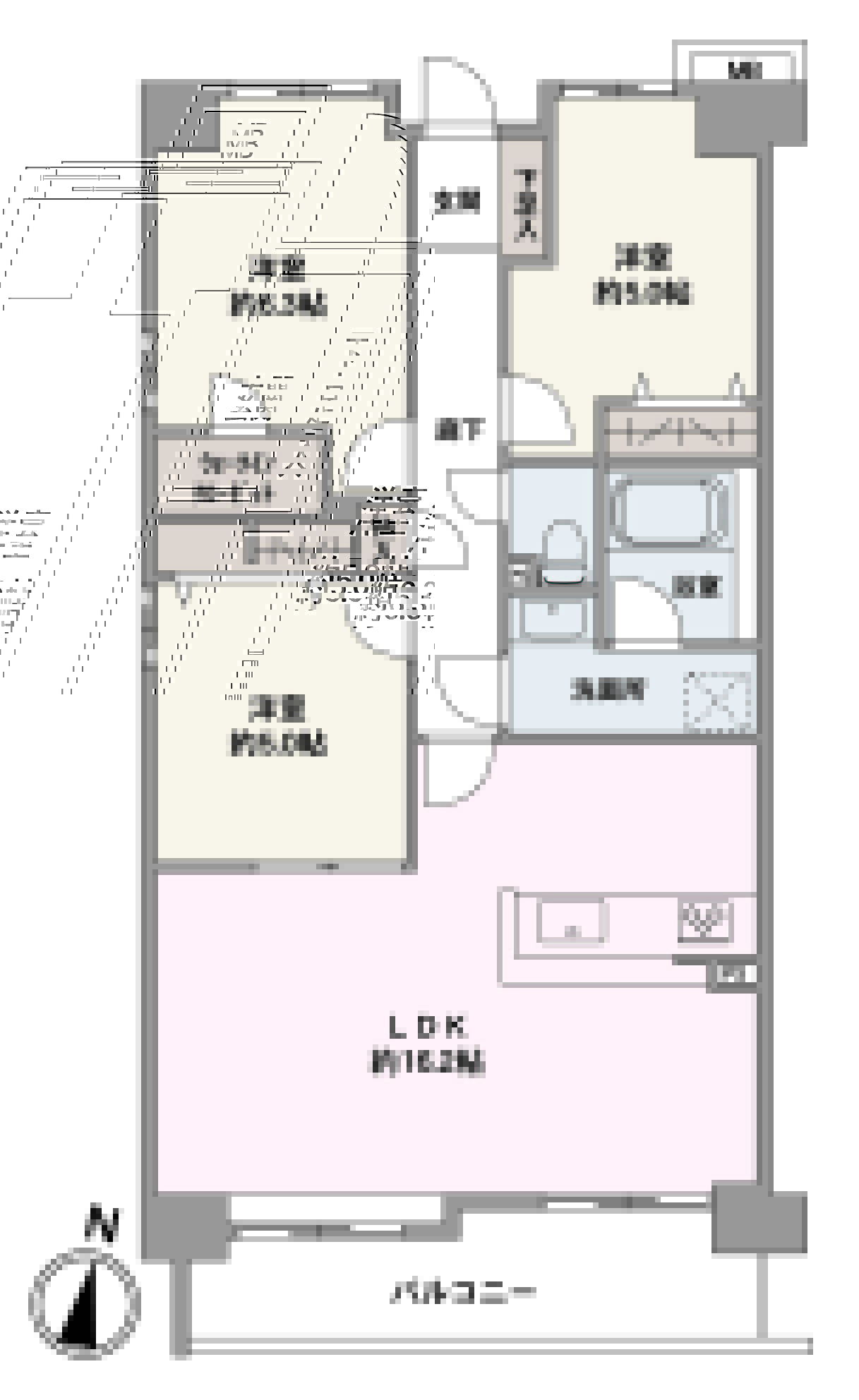 【間取り図】南側のバルコニーに面した明るいLDKは約16.2帖の広々空間。全洋室にクローゼット・廊下に物入れが設置され、住空間がすっきりと片付きます。