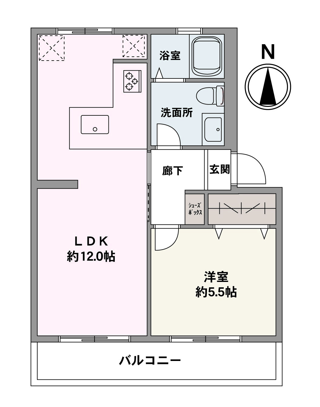 生活音が気になりにくい1階部分、南向きバルコニー付き1LDKの住まい。キッチンはシンクとコンロの作業動線が短く、作業スペースが広く取れるL字型です。