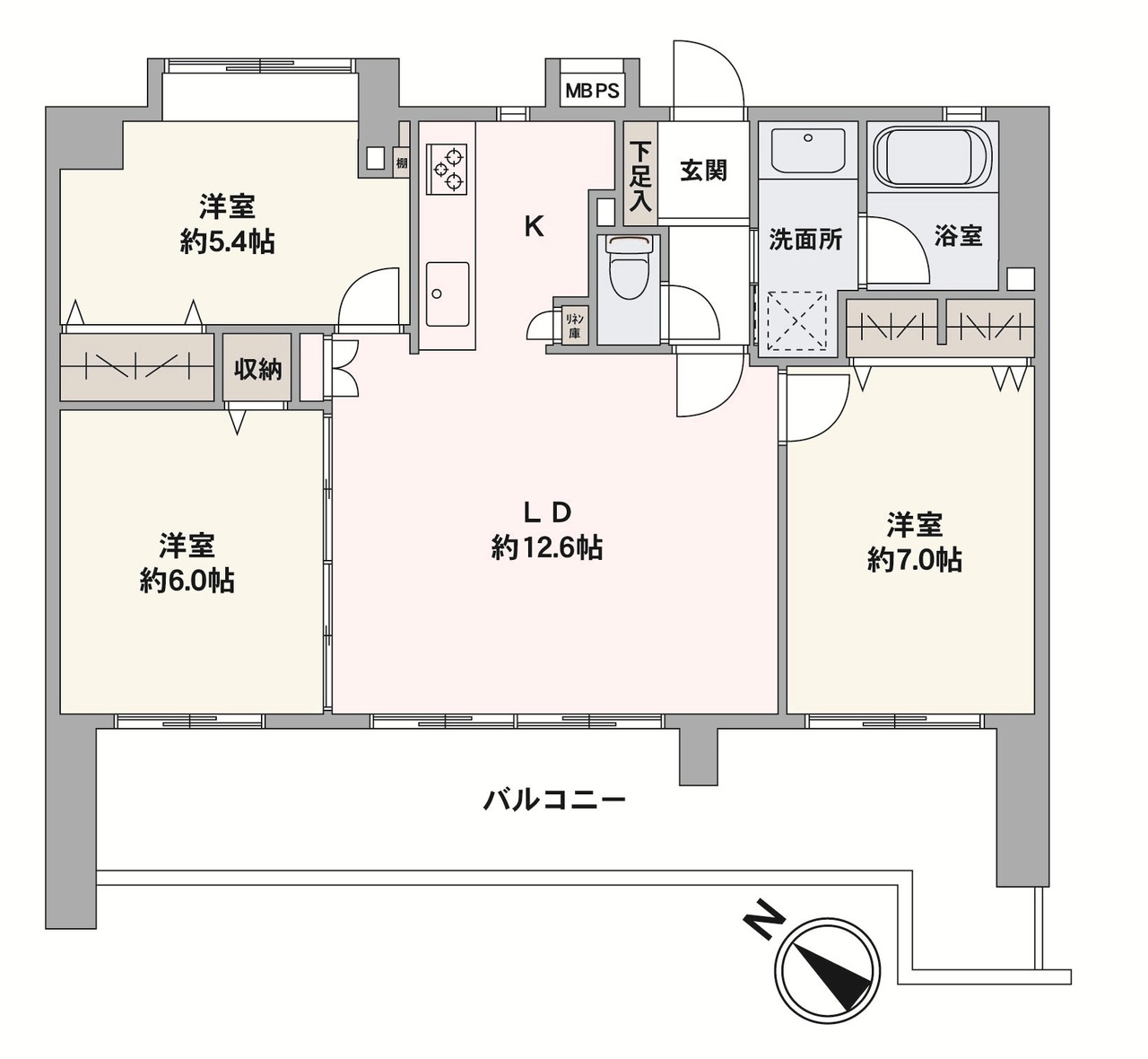 南西向き住戸。バルコニーは約10.8mのワイドスパン設計です。LDを中心に各洋室へアクセスできる、コミュニケーションが取りやすい間取り。キッチン・浴室には窓付きです。2016年5月リフォーム履歴有。