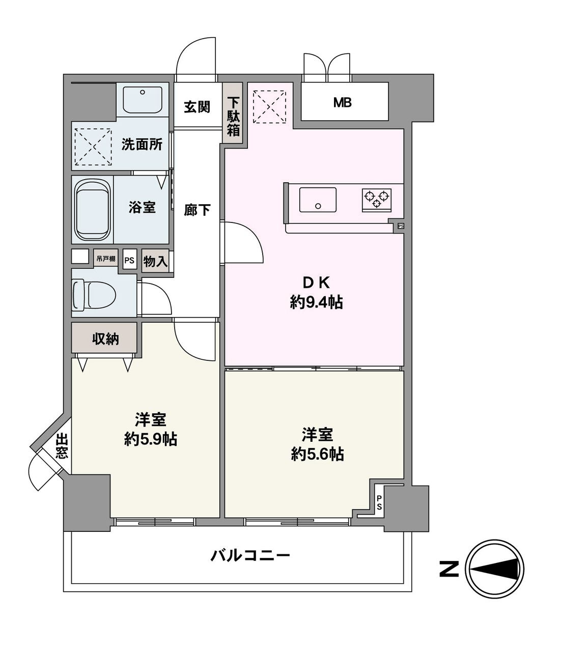 西向きのバルコニーが備わった「2DK」住戸です。各洋室がバルコニーに面しています。玄関を入って右手に洗面室が設置されていますので、外出時の汚れをDKに持ち込まず衛生的です。