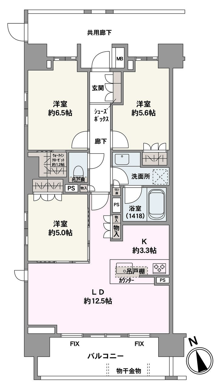 全居室に収納があり、居住空間を有効に使えます。約5帖の洋室は、扉を開放してLDKとの一体利用も可能。多用途に使える洋室3部屋が設けられた、ゆとりある3LDKの住まいです。