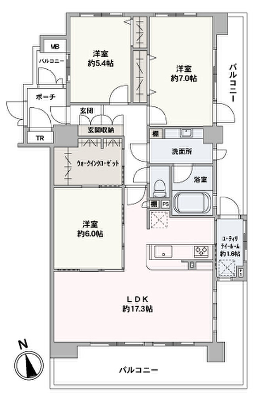3面にバルコニーが備わった、光と風が巡る「3LDK」の住まい。LDKは隣接する洋室との一体利用で23帖超の広々空間に。WICは洋室約6.0帖と廊下の両方からアクセスできます。