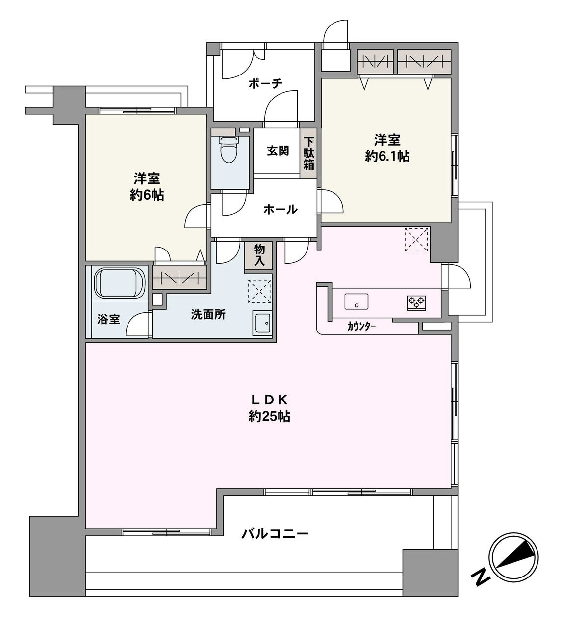 北西向きのバルコニーが備わった2LDK住戸。全居室6帖以上の広さです。全洋室には収納も備わり、活用して更に室内を広く使えます。