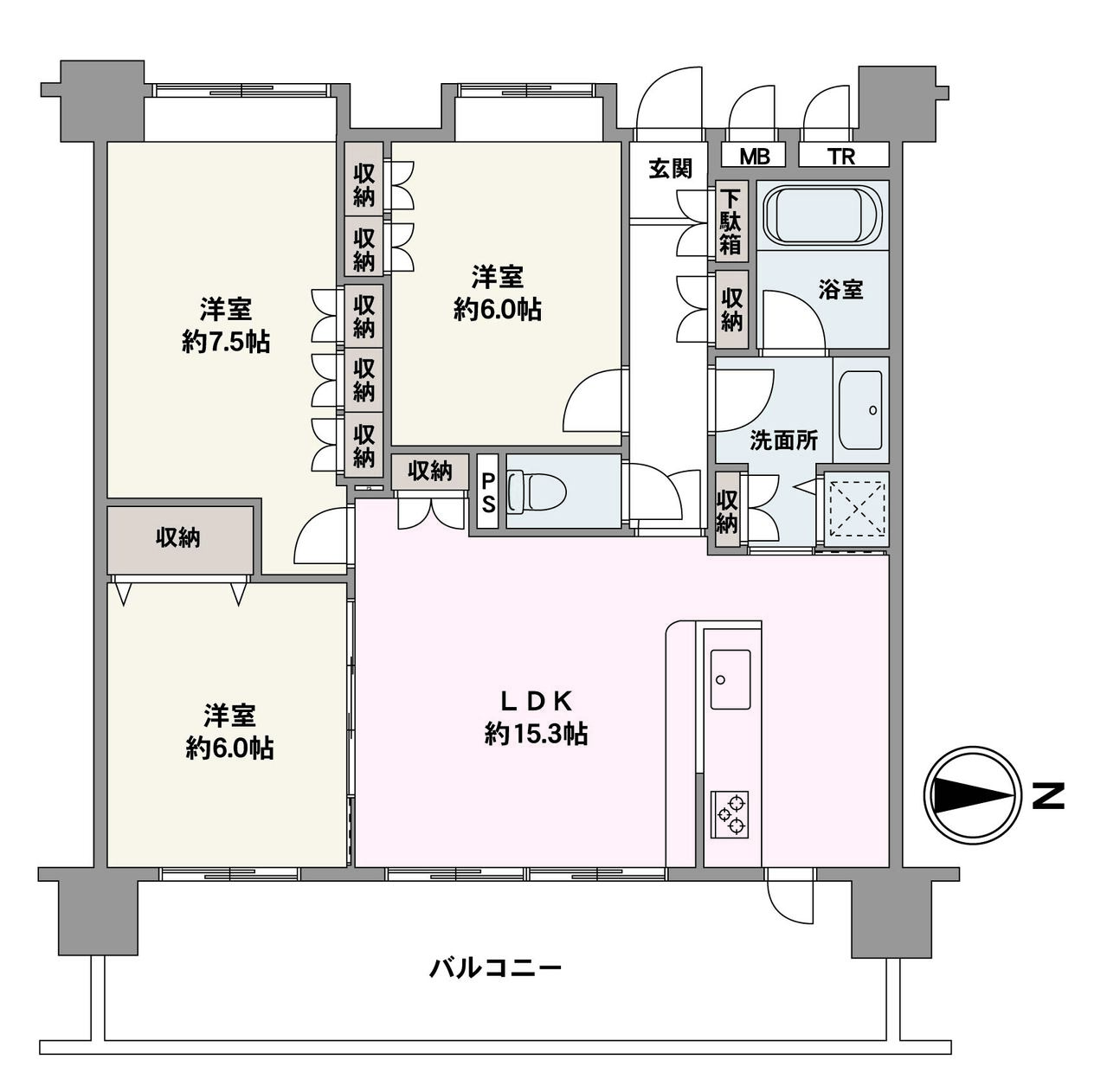 東向きバルコニーに面した、爽やかな陽光が差し込む住まい。全居室6帖以上の広さで、ゆったりとお過ごしいただけます。洗面所は、廊下とキッチンから出入り可能な2WAY仕様です。