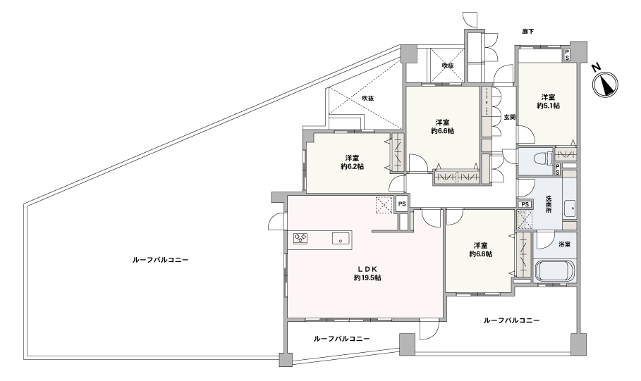 LDKからルーフバルコニーへ出入り可能。玄関・廊下・各洋室に収納が備わり、整理整頓しやすそうです。キッチンは家族のコミュニケーションが捗る対面式です。