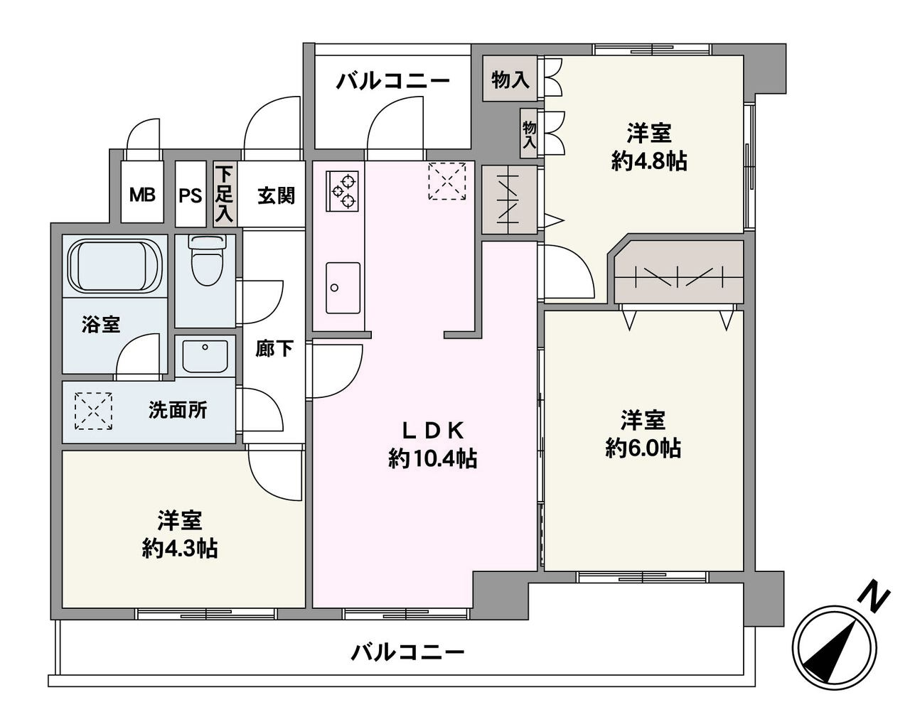 LDKと洋室2部屋が南東向きバルコニーに面した、陽当りの良い住まい。開放感のある角住戸です。LDKは2面がバルコニーに面しており、室内を心地よい風が通り抜けます。