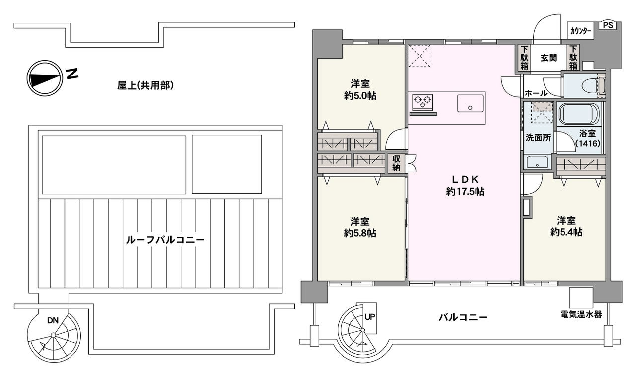 東向きバルコニーとルーフバルコニーが備わった3LDK住戸です。玄関からは室内が見えにくい設計で、外からのプライバシーが守られやすい間取りです。