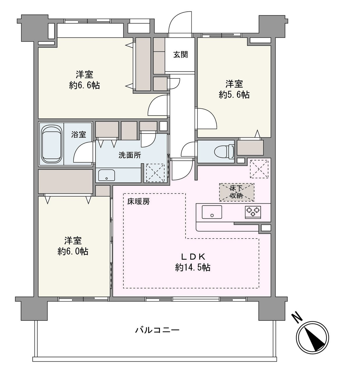 LDKは、洋室と合わせて約20.5帖の空間として一体利用可能。洋室2部屋は廊下から出入りでき、プライベートな時間を確保しやすい間取り設計です。各洋室・廊下収納、床下収納などが設けられています。