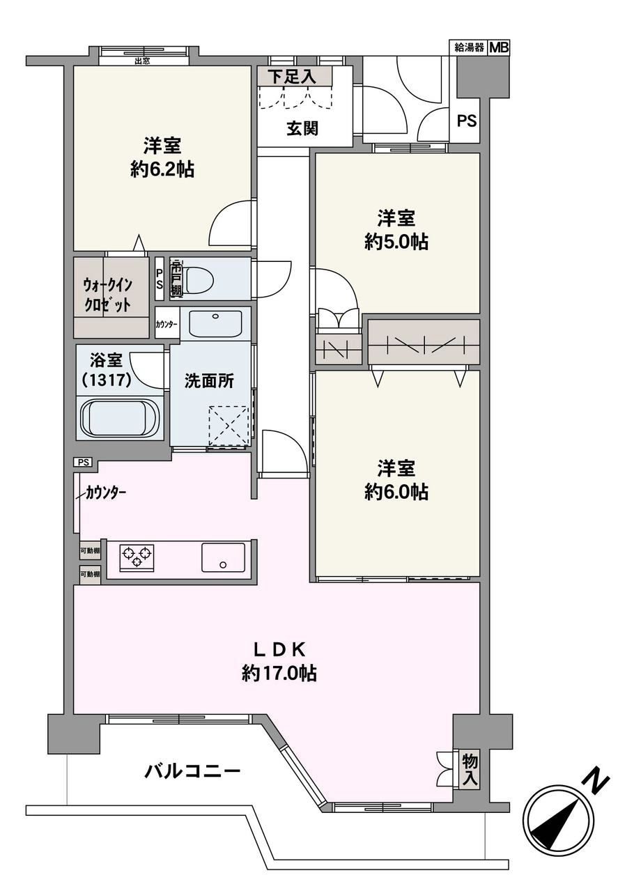 LDKは、約17.0帖の広々とした空間です。洋室(約6.0帖)・洗面所は2WAY仕様で、回遊できる間取り設計。WICをはじめ全居室に収納があり、住空間をすっきりと保ちやすいです。