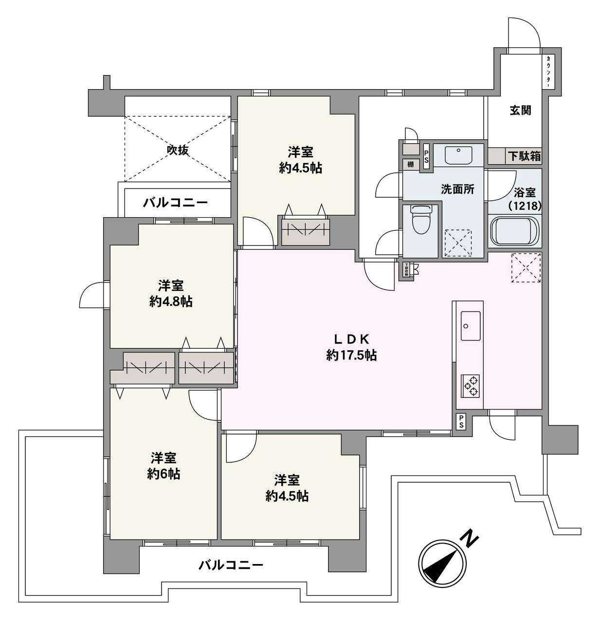 角部屋につき、陽当り・通風が確保しやすいです。ゆとりあるLDKとバルコニーに加え、多用途に活用できる4つの洋室が備わった、ご家族での住まいにおすすめの間取り設計。