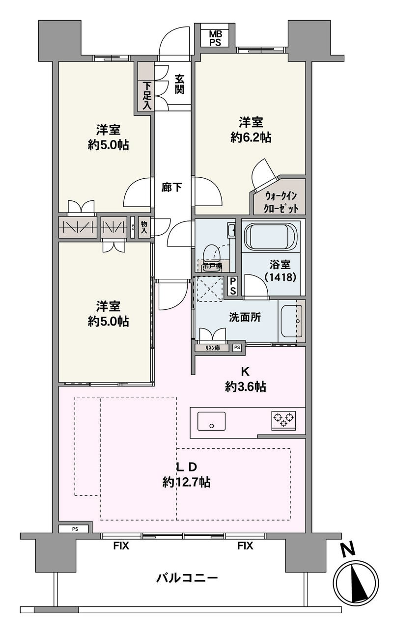 南向きバルコニーが設置された3LDK住戸。キッチンから洗面所にアクセスできる設計で、スムーズな家事・生活動線が叶います。WICをはじめ室内随所に収納が備わり、住空間を広く使える間取りです。