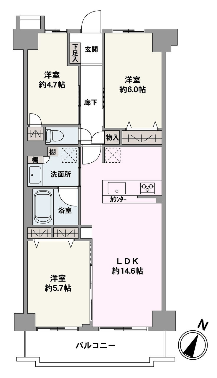 全居室に採光が確保され、心地よい明るさが広がる「3LDK」の住まい。各洋室のクローゼットに加え、廊下や洗面室など随所に収納が備わり、住空間を有効に使える設計です。
