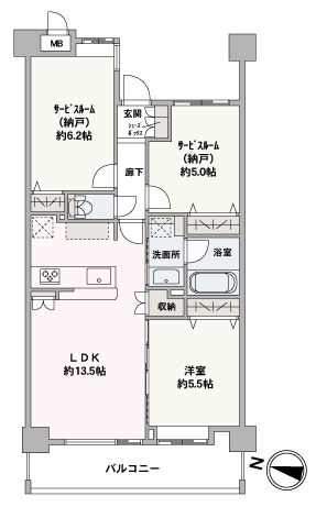 LDKは隣接する洋室約5.5帖との一体利用が可能。キッチンはコミュニケーションが捗る対面式です。全居室に収納があり、整理整頓しやすそうな設計です。
