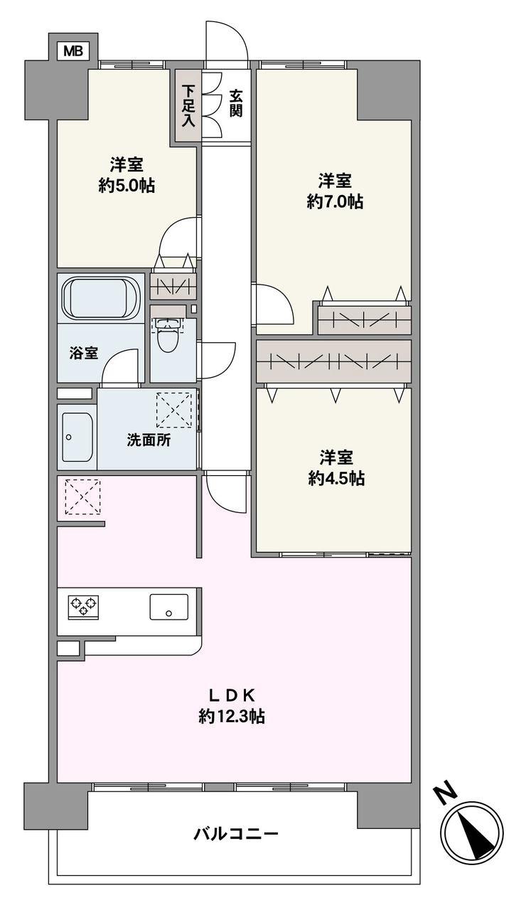 南西向き住戸。LDKは約12.3帖×対面式キッチンで、ご家族の会話が弾む空間です。2026年4月内装リフォーム済みのため、気持ちよく新生活がスタートできます。