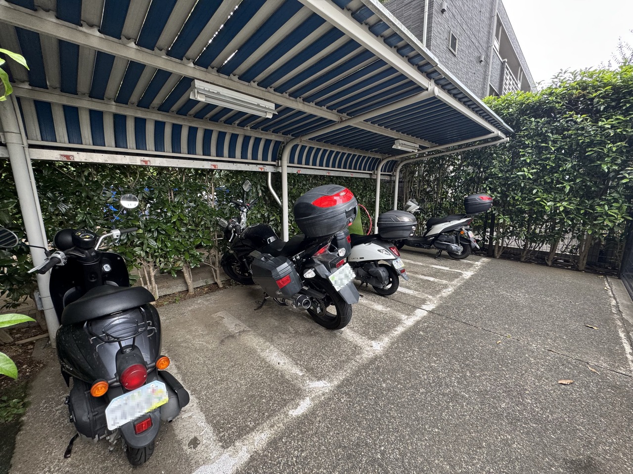 【バイク置き場】敷地内に設けられているバイク置き場です。屋根付きのため、雨天時の乗り降りもスムーズに行えます。