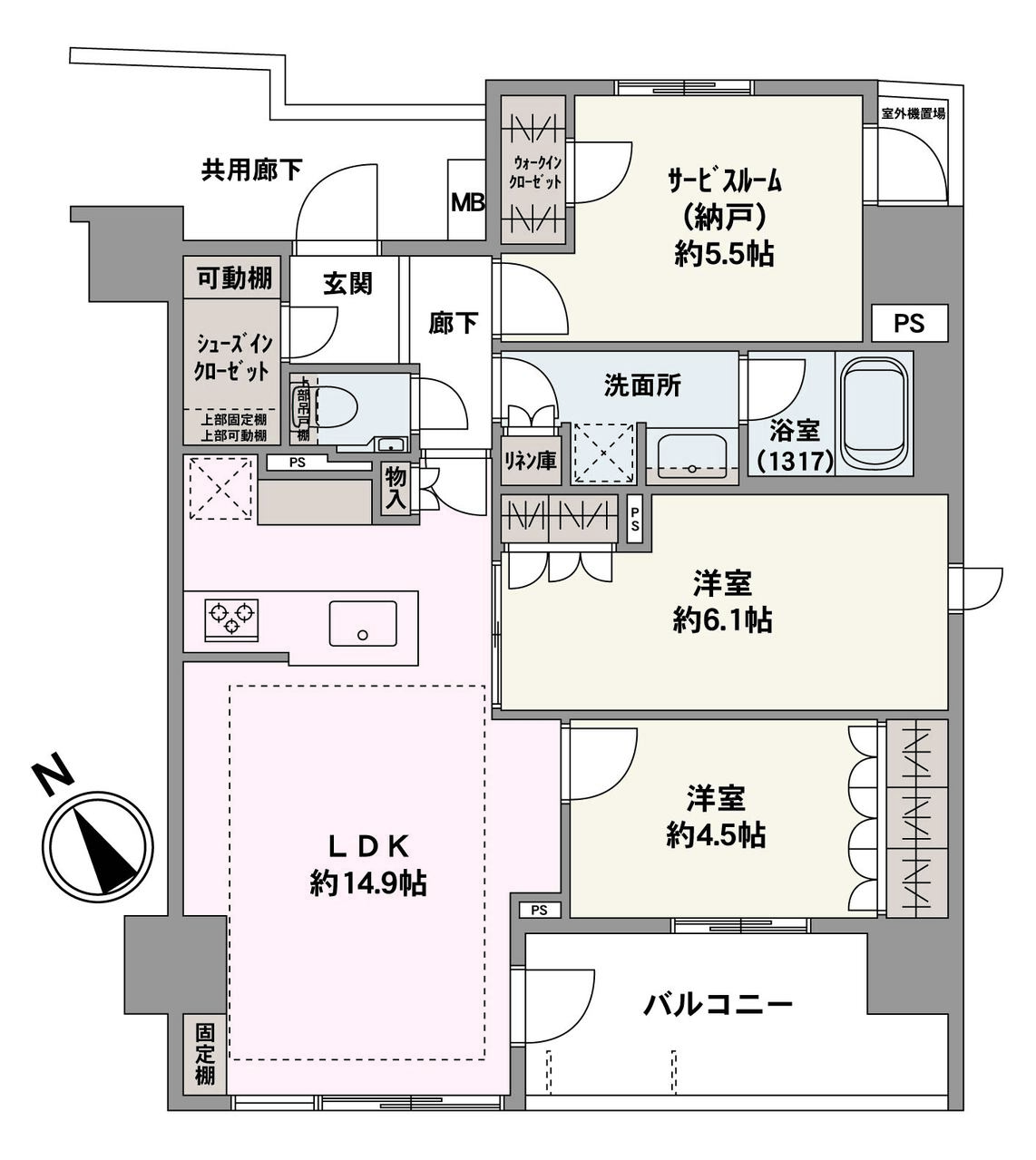 採光を確保しやすい南西向きのバルコニーが備わった2SLDK住戸。WICや物入、SICがあるなど、全居室に収納が設けられており、室内を広々とご活用いただけます。