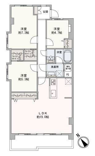 明るく開放的な7階部分の角住戸です。全居室収納付き！WICなど、豊富な収納も魅力です。内装リフォーム済につき、気持ちよく新生活をはじめられます。