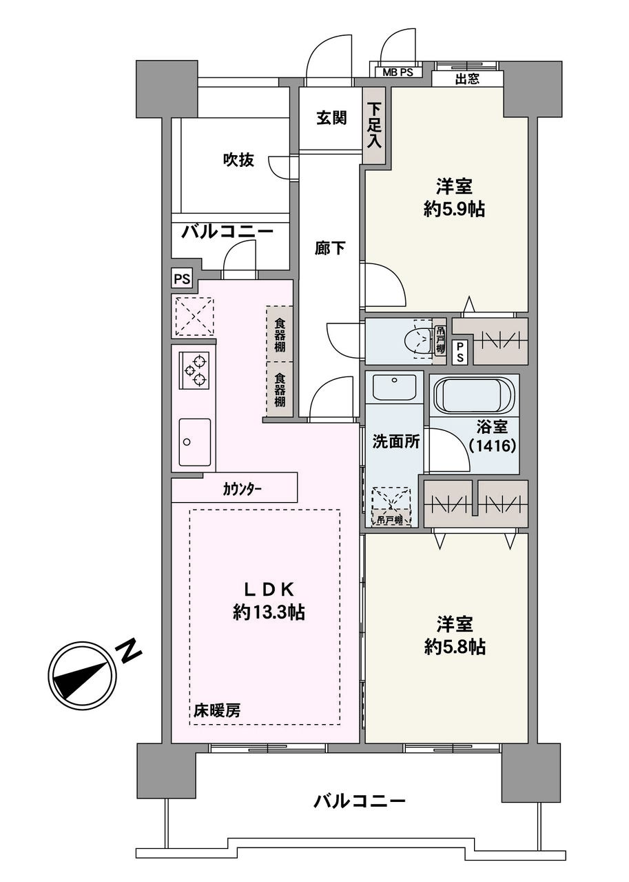 2面バルコニー仕様で明るく風通しの良い2LDK。LDKは隣接する洋室との一体利用で19帖超えの広々空間に。各洋室に収納があり、住空間を広くご活用いただけます。