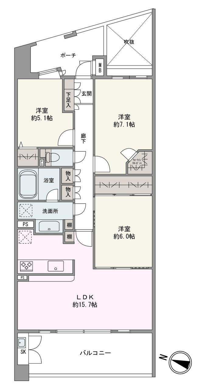 【間取り図】共用部と専有部をゆるやかにつなぐ、専用ポーチがついた住戸。WICなど洋室や廊下などに収納が豊富なので、住空間をすっきりと保つことができます。