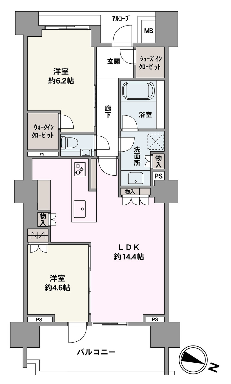 【間取り図】2LDKの間取りに、SICやWICなど充実した収納が設けられています。収納を有効活用することで、住空間を広く活用できます。