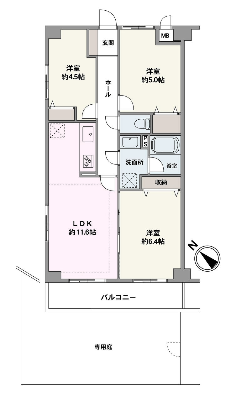 地上1階部分。約11.6帖のLDKは南西側がバルコニー・専用庭に面しており、明るく開放感があります。洋室3部屋にそれぞれ収納が設けられているため、住空間をスッキリと保てます。