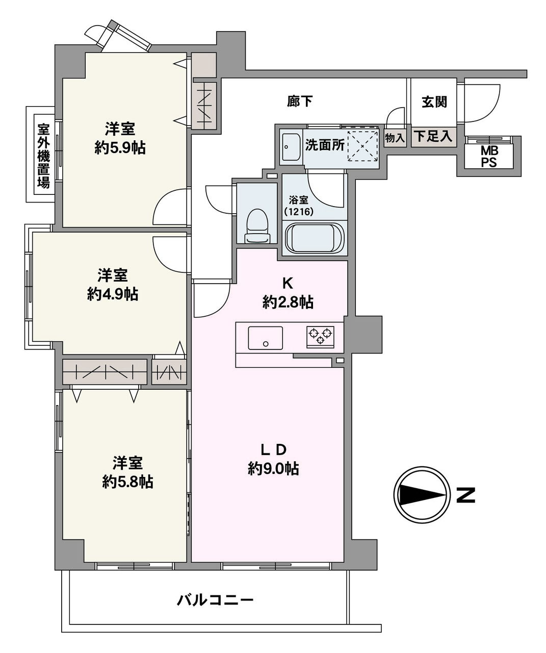 独立性が高く、心地よい風を感じられる3方角住戸です。LDKと洋室約5.8帖は一体利用が可能で、17帖超のゆとり空間に。ライフスタイルの変化に対応しやすい間取りです。