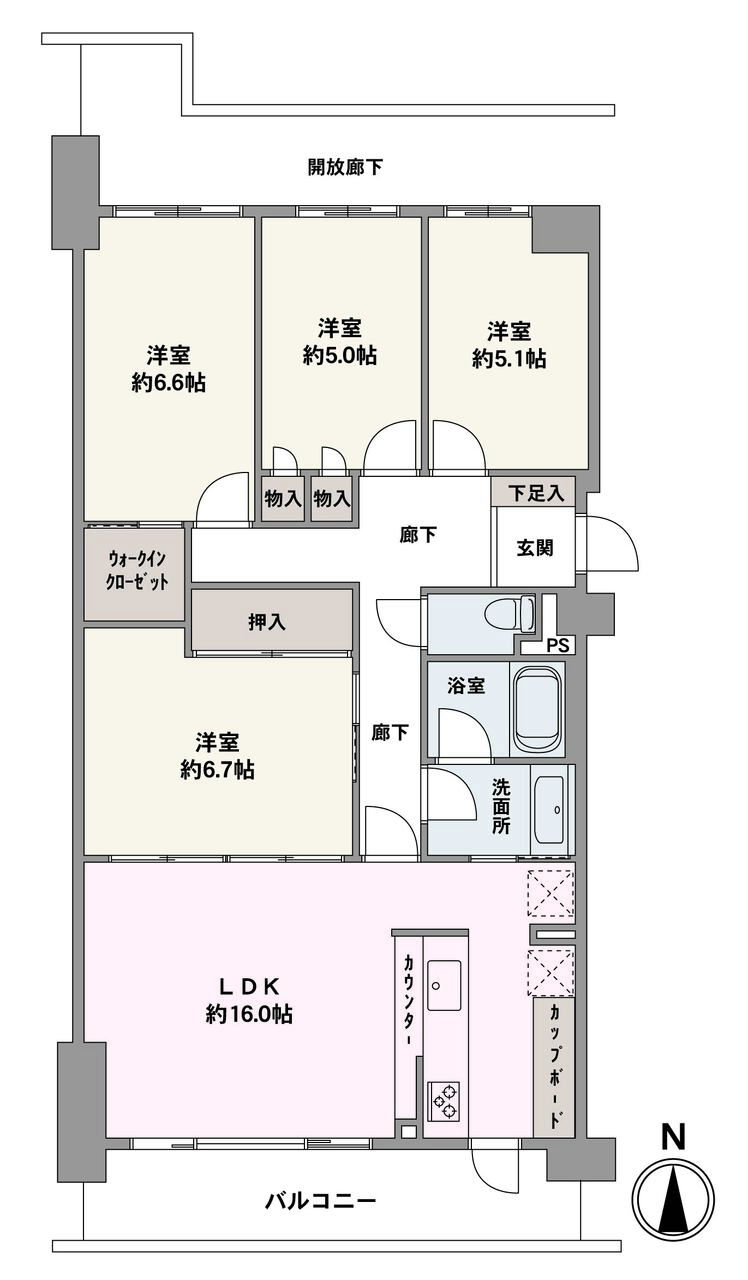 専有面積90㎡のゆとりある4LDKの住まい。6階部分、南向きバルコニー付きで陽当たり・通風・眺望良好です。LDKは約16.0帖の広さで、対面式のキッチンが採用されています。