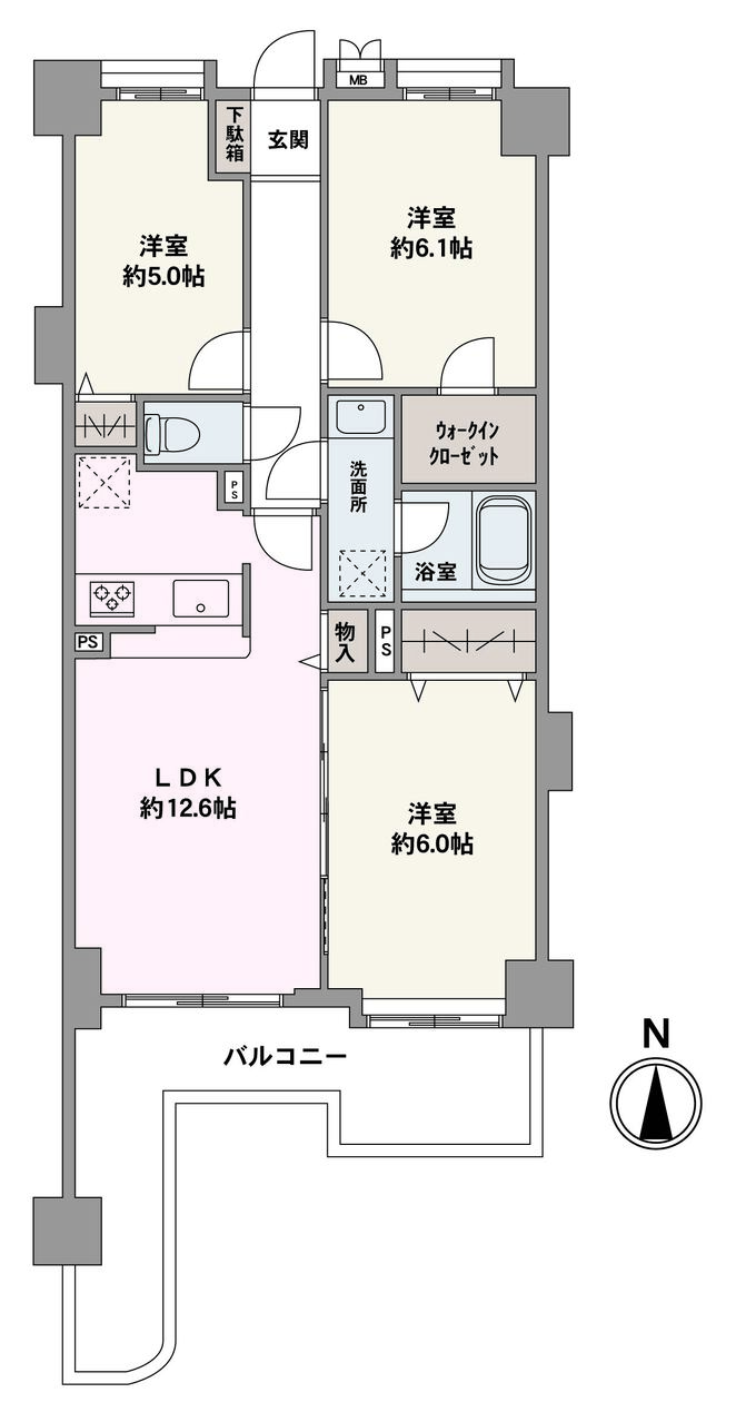 南向きのバルコニー付き「3LDK」の住まい。LDKは約12.6帖×対面式キッチンで、ご家族の会話が弾む空間です。全居室に設けられた、豊富な収納スペースも魅力です。