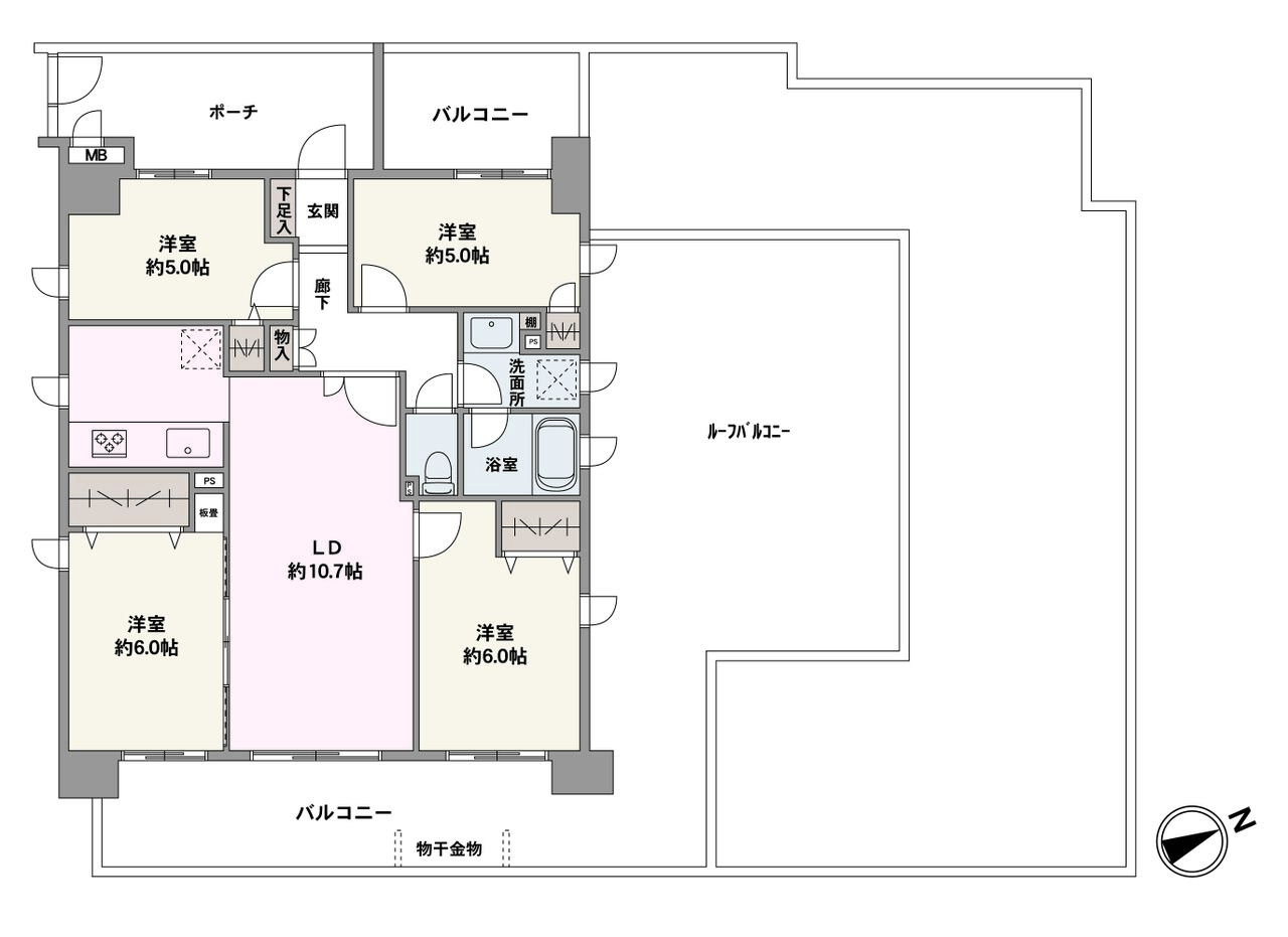 3方をバルコニーやルーフバルコニーに囲まれた、開放的な角部屋です。2026年9月リフォーム完了予定で、気持ちよく新生活をスタートできます。