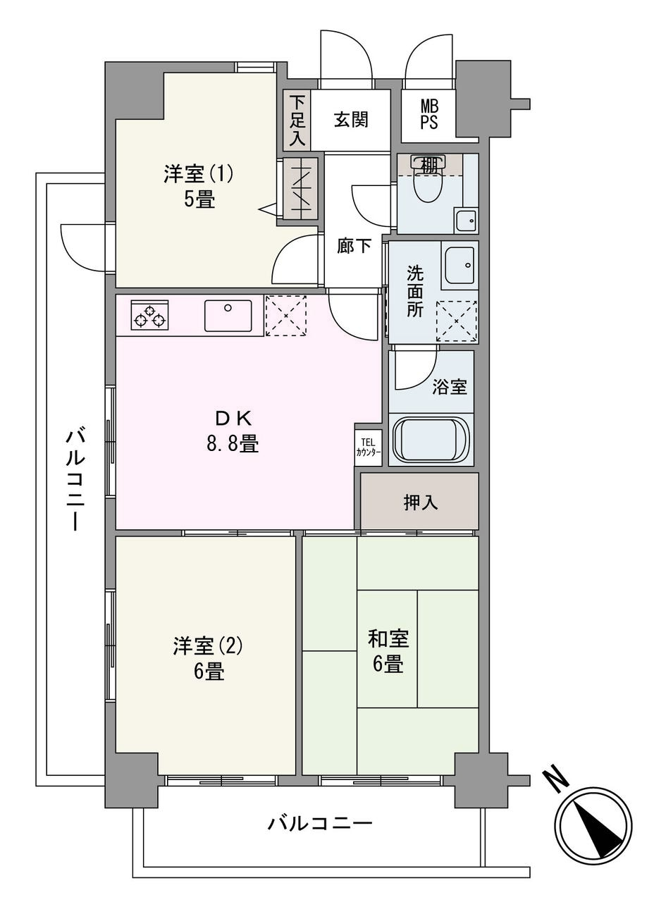 南西・北西側の角部屋で、2面バルコニーが備わった3DK住戸です。全居室バルコニーに面していて、開放感を感じながら換気がしやすい間取りです。