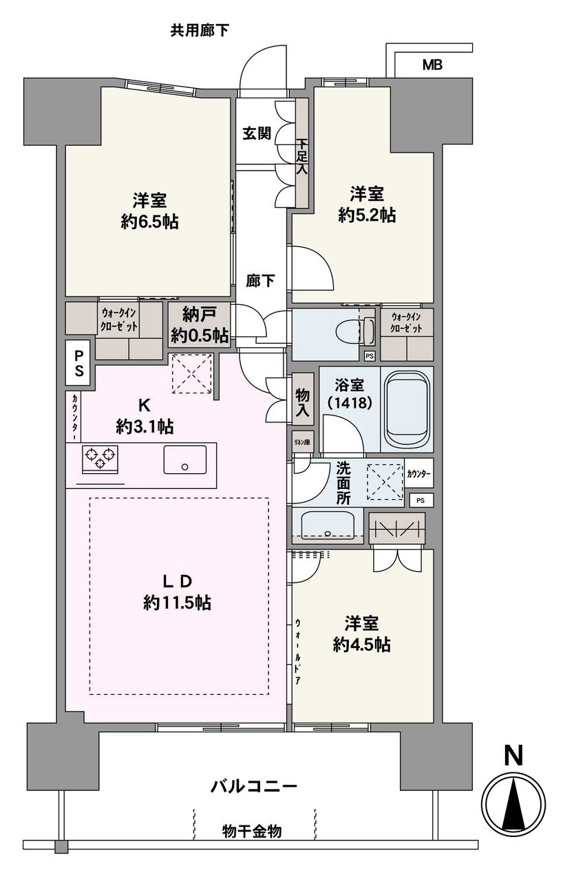 南向きのバルコニーが備わった3LDK住戸です。水回りが集約され、家事動線良好。WICをはじめ、全居室に収納スペースがあり、居住空間を広く確保できます。
