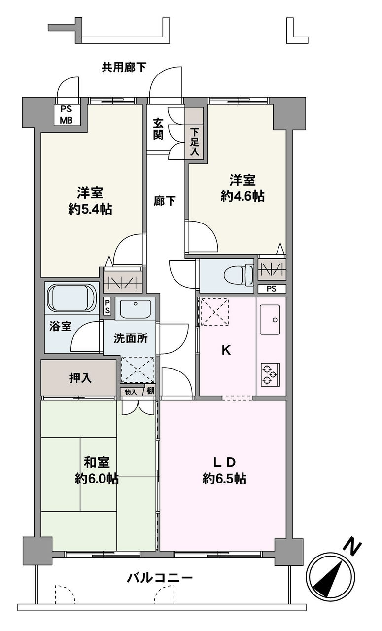 南東向きバルコニーが備わった3LDK住戸です。キッチンから洗面所に向かいやすい設計。水回りが間取りの中心に位置し、家事がスムーズに進みそうです。