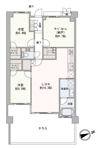 23.14㎡のテラス付き2SLDK。ウォークインクローゼットなど、全居室に収納が備わっているので、すっきりとした住空間を保てます。2005年2月築のマンションです。