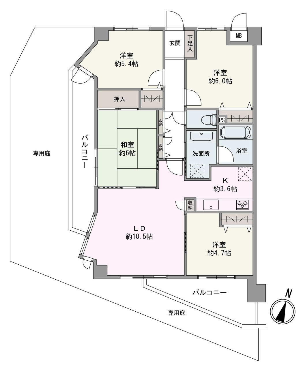 2面バルコニー・専用庭が備わった、1階部分の南西角住戸です。約10.5帖のLDには和室が隣接しており、ご家族皆様でゆったり寛ぐことができます。各居室や廊下などに収納スペースが豊富です。