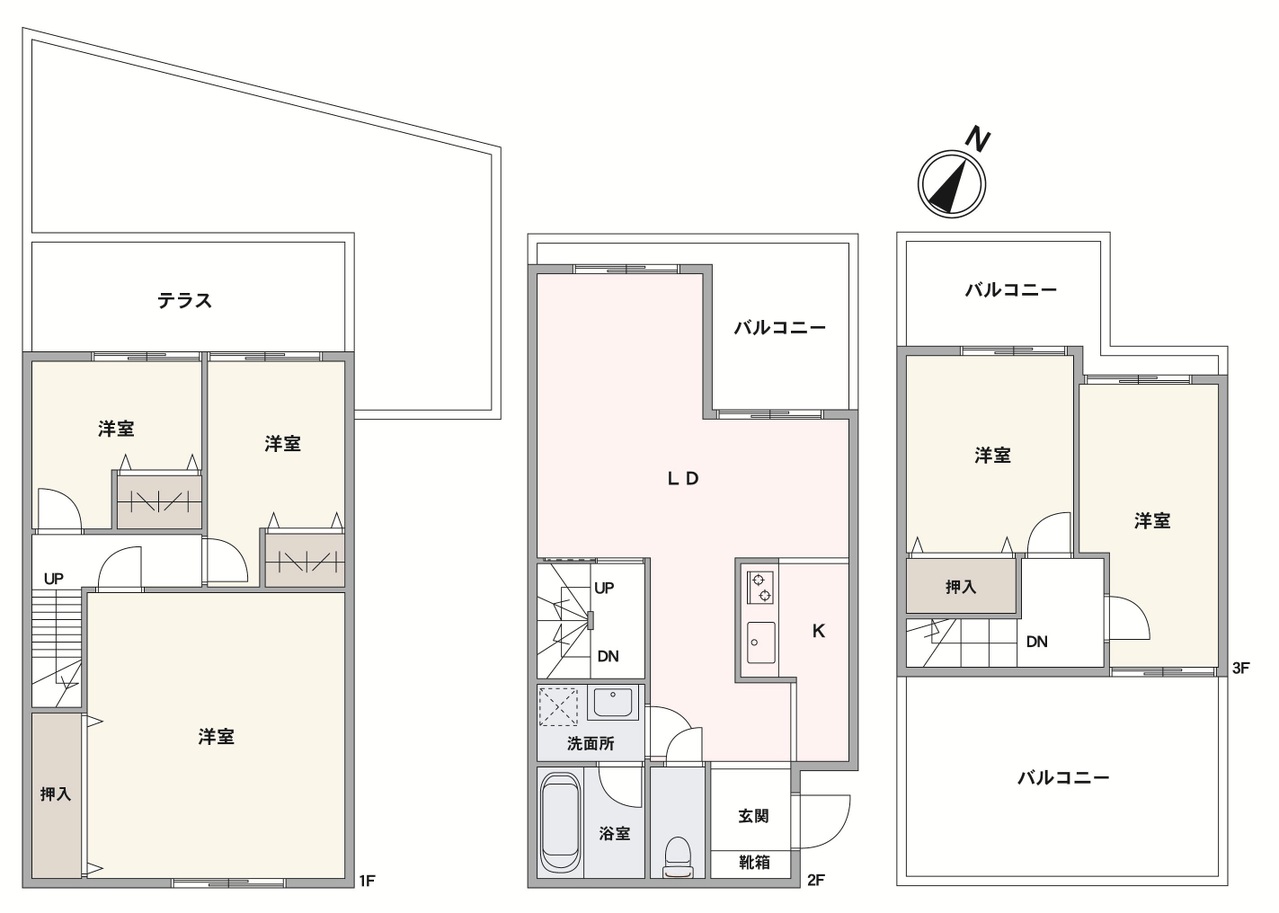 テラス、専用庭、3つのバルコニー付き5LDK住戸。家族団らんのプライベートな時間を楽しめそうです。外の視線を感じにくい2階リビングが採用されています。