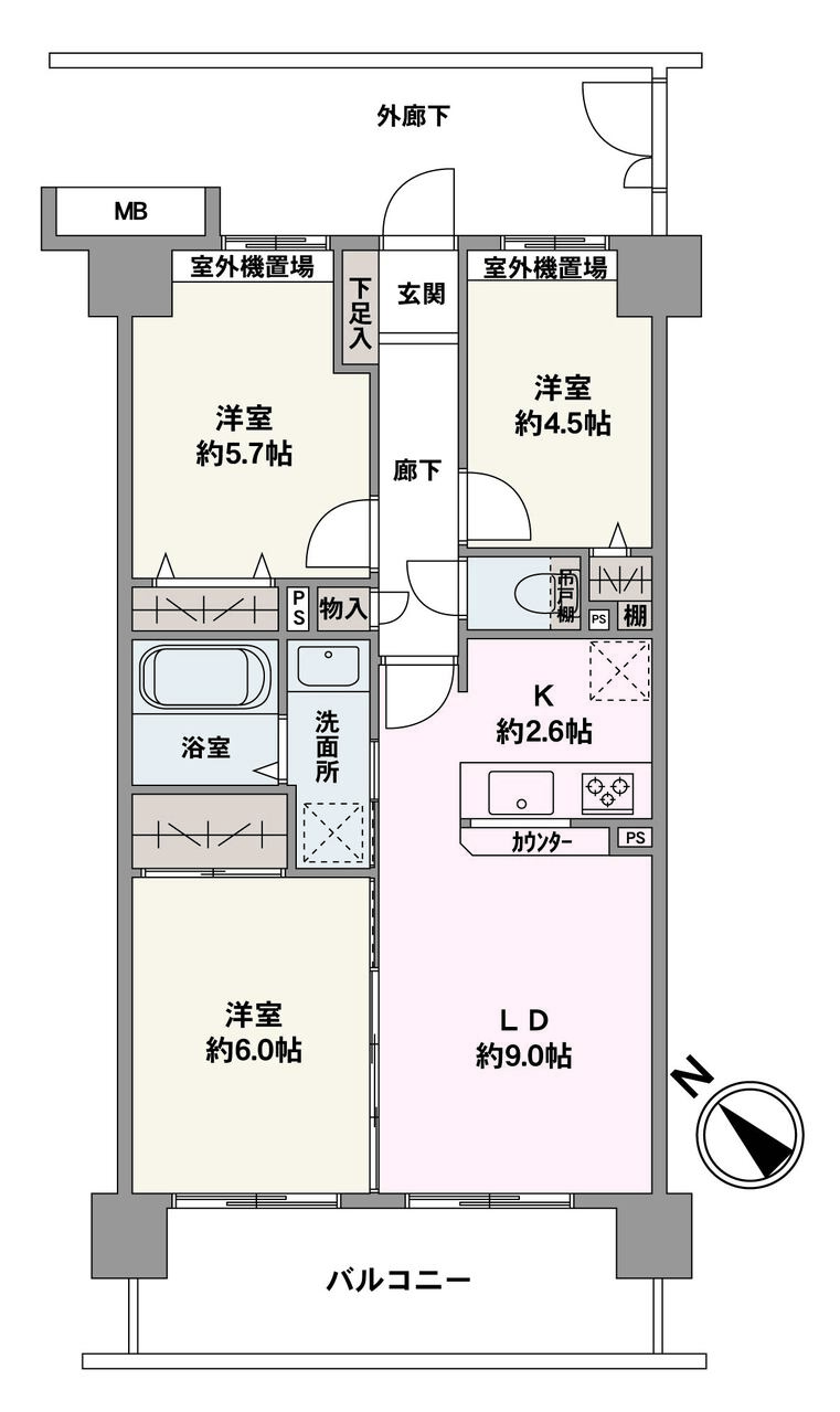 南西向きの明るい住戸です。LD横に約6.0帖の洋室が配置されており、引戸を開放し一体利用も可能です。キッチンは対面仕様、収納は各個室や廊下に設けられています。