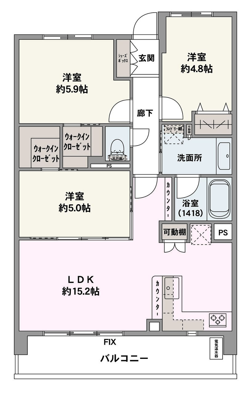 約15.2帖のLDKはバルコニーに面していて開放的です。約5.9帖の洋室と約5.0帖の洋室はそれぞれWIC付き。住空間を広々と使えそうです。大切なペットと暮らせます(細則有)。
