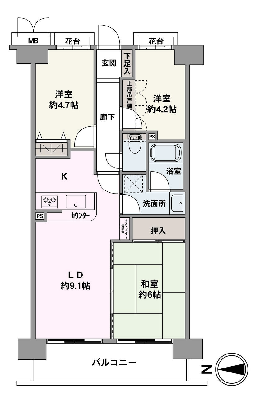 正午以降も明るく過ごせる西向きの住まい。LDと和室の一体利用で15帖超えの空間にアレンジ可。2部屋の洋室は多用途にご活用いただけます。
