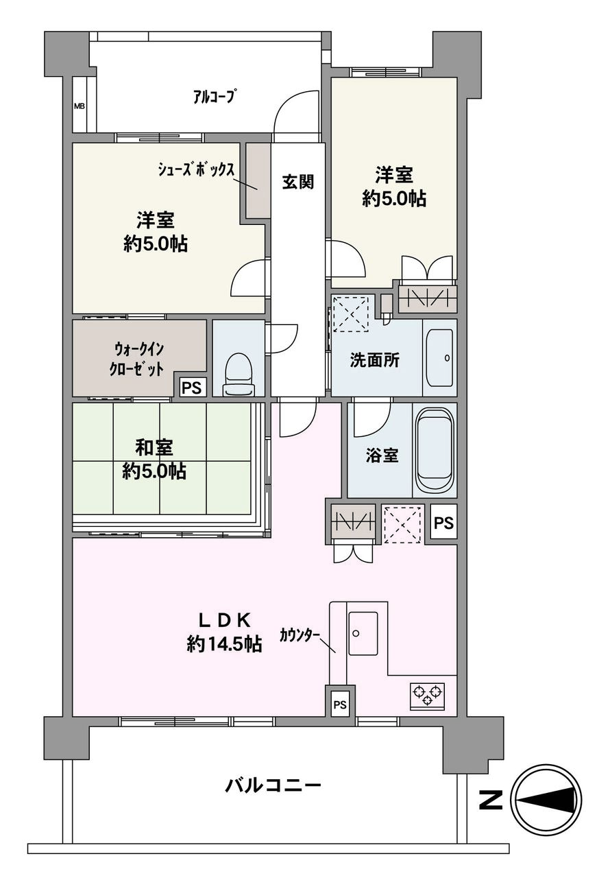 全居室収納付きの3LDKです。LDKと約5.0帖の和室は一体利用が可能。玄関部分にはアルコープが設けられているので、プライバシーが守られます。